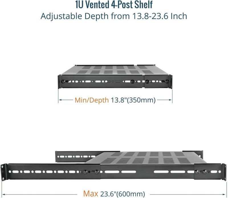 Tecmojo 1U 4-Post Vented Server Rack Mount Shelf,13.8in Deep with Adjustable Depth 13.8-23.6inch,Supports to 242 lbs,Universal Tray for 19 Inch AV/Network Equipment Rack,Black - Image 3